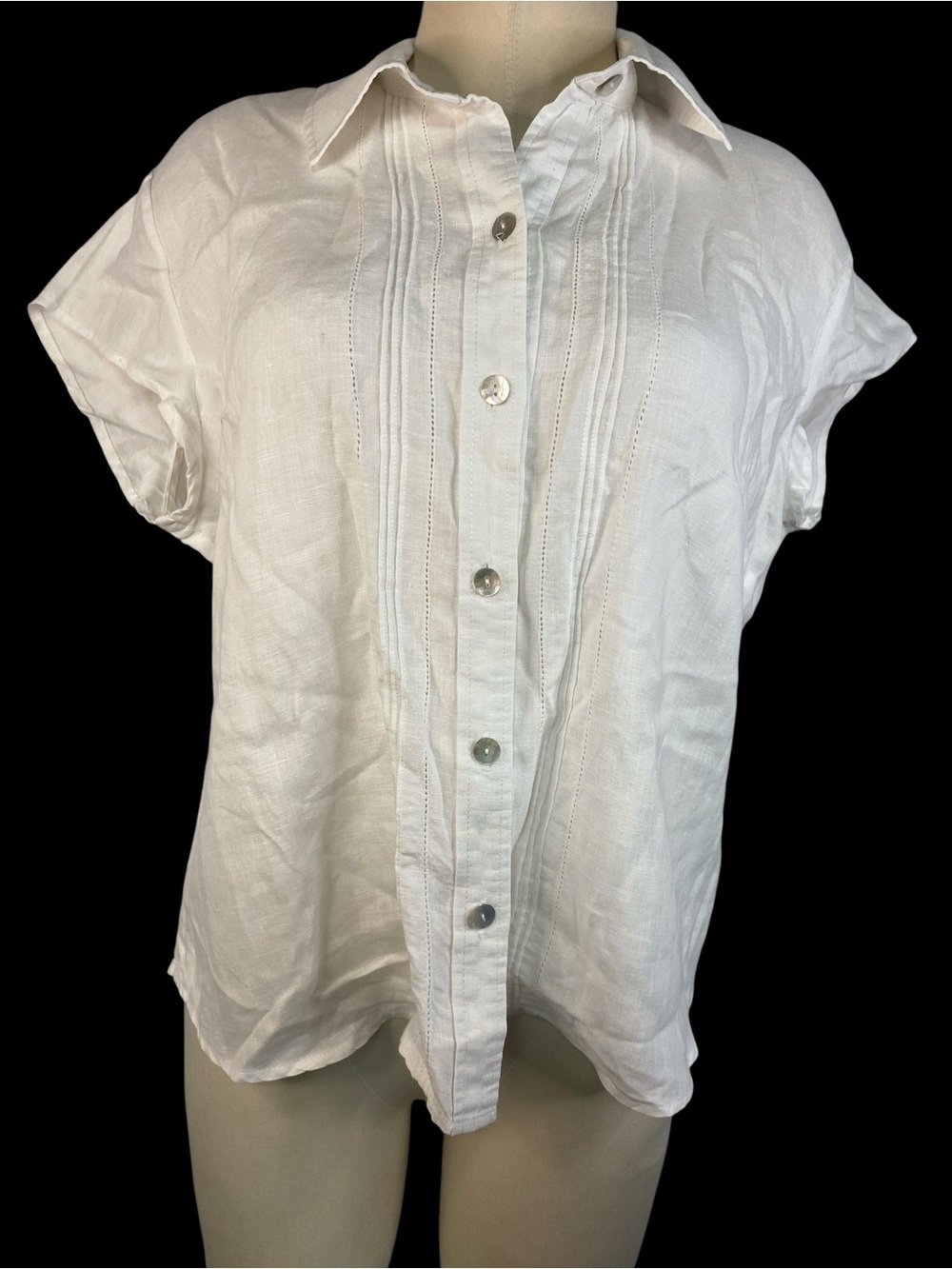 Caribbean Joe White Short-Sleeve Button Front 100% Linen Blouse Women’s Large